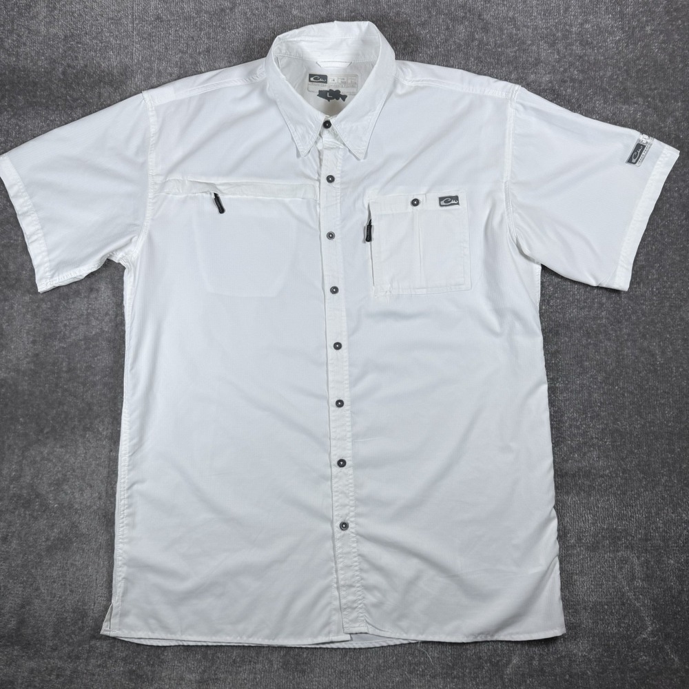 Drake Shirt Men's Large White Performance Button Up Short Sleeve Vented Fishing